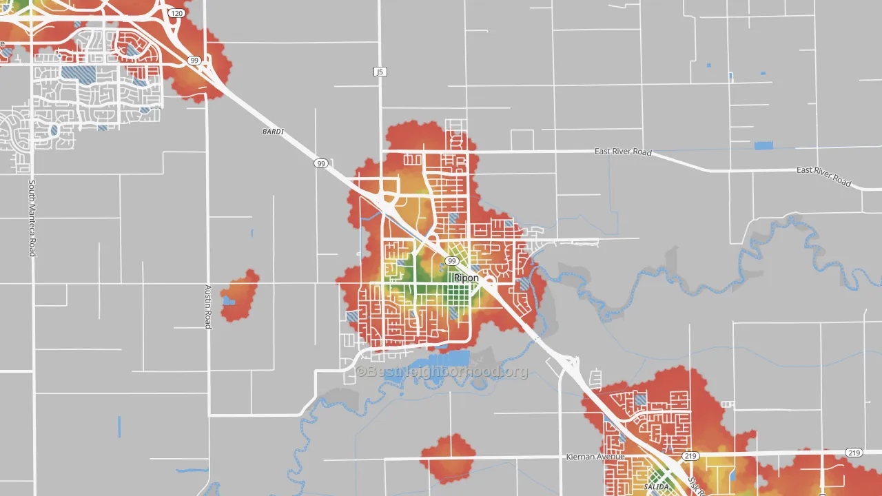 Walk Grade map of 95366, CA, walkable areas in green and car-dependent areas in red