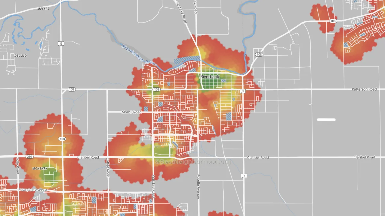 Walk Grade map of 95367, CA, walkable areas in green and car-dependent areas in red