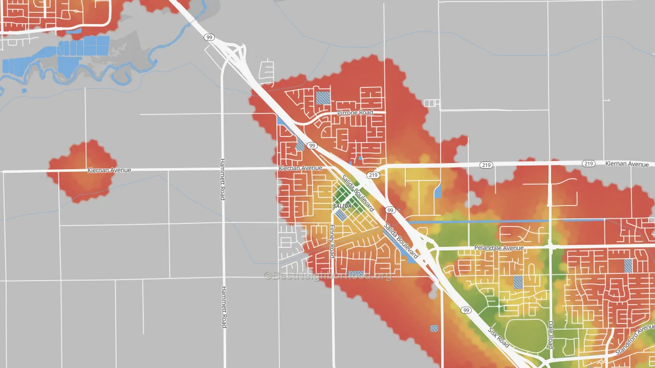 Walk Grade map of 95368, CA, walkable areas in green and car-dependent areas in red