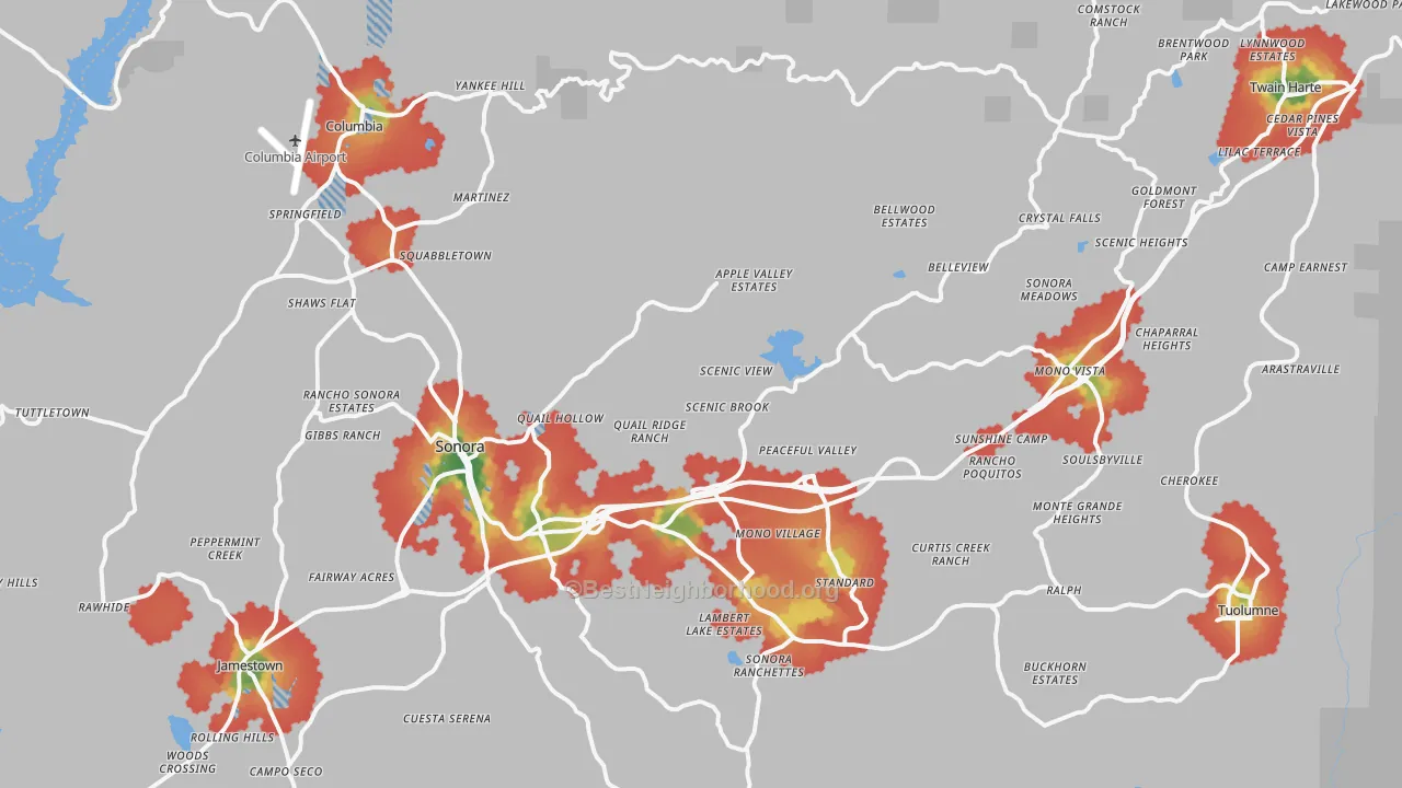 Walk Grade map of 95370, CA, walkable areas in green and car-dependent areas in red