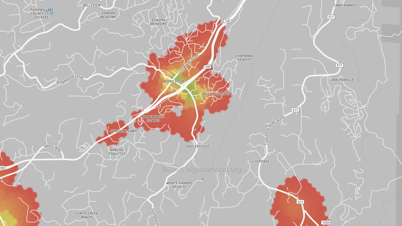 Walk Grade map of 95372, CA, walkable areas in green and car-dependent areas in red