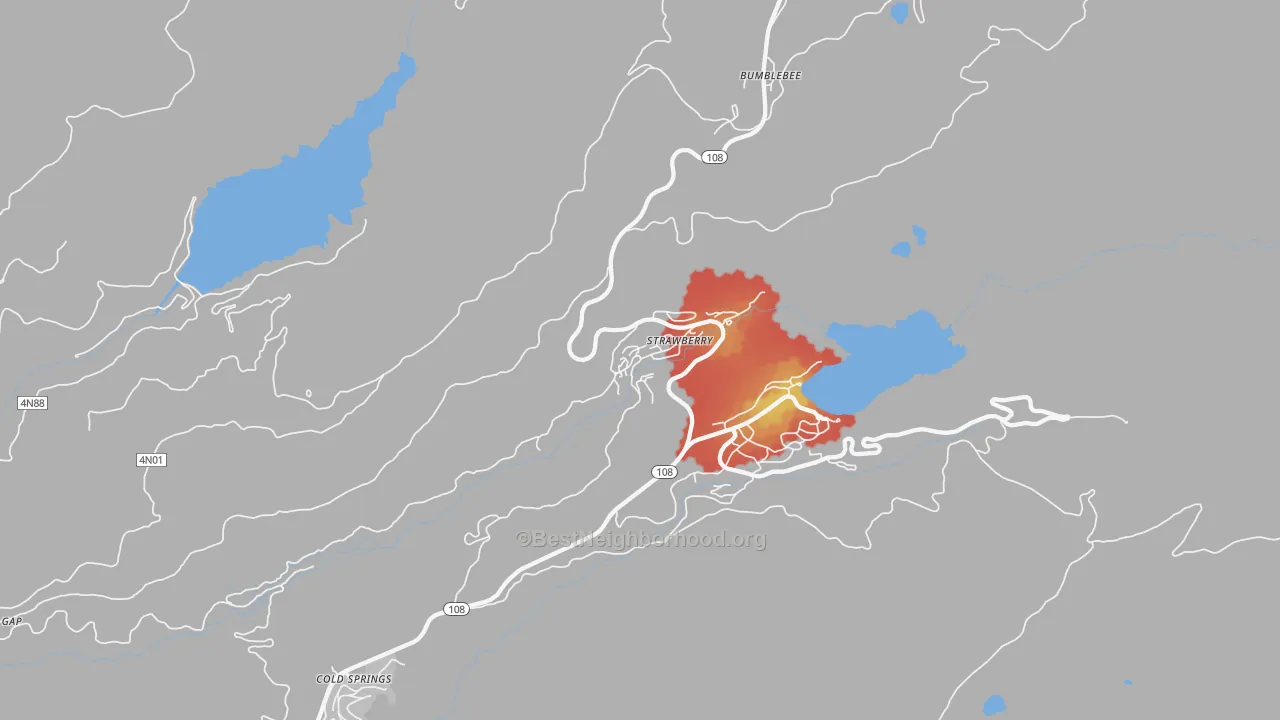 Walk Grade map of 95375, CA, walkable areas in green and car-dependent areas in red