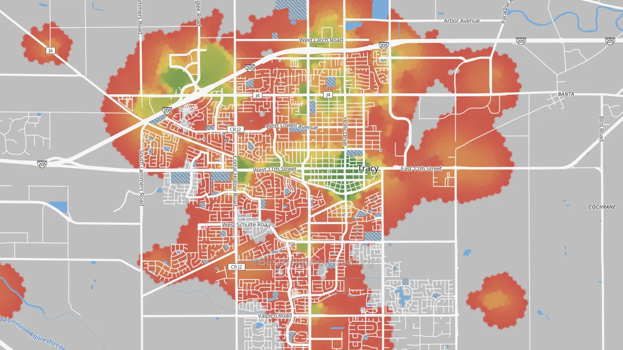 Walk Grade map of 95376, CA, walkable areas in green and car-dependent areas in red