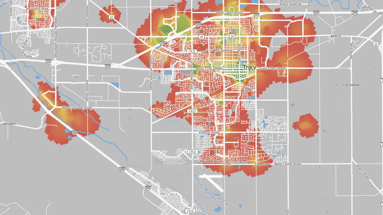 Walk Grade map of 95377, CA, walkable areas in green and car-dependent areas in red