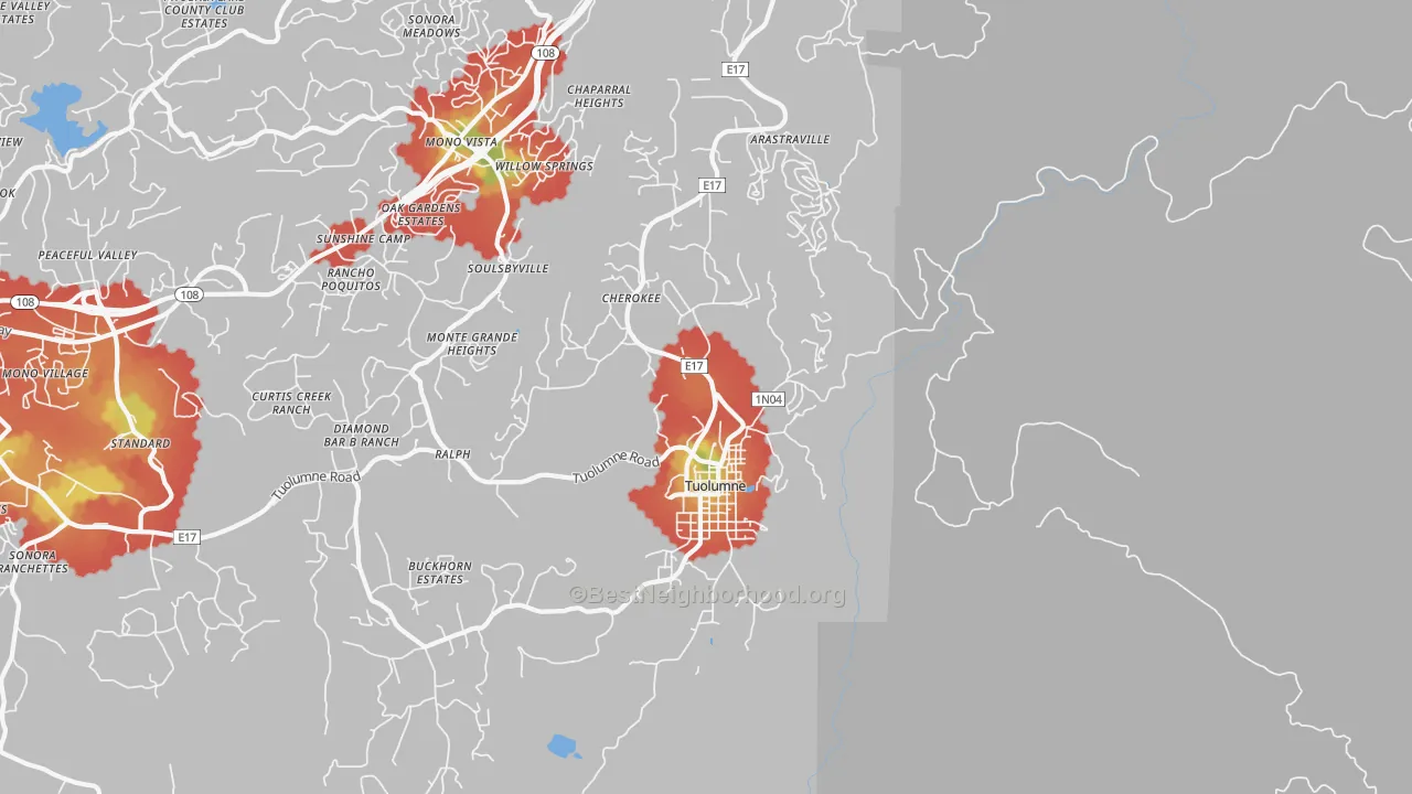 Walk Grade map of 95379, CA, walkable areas in green and car-dependent areas in red