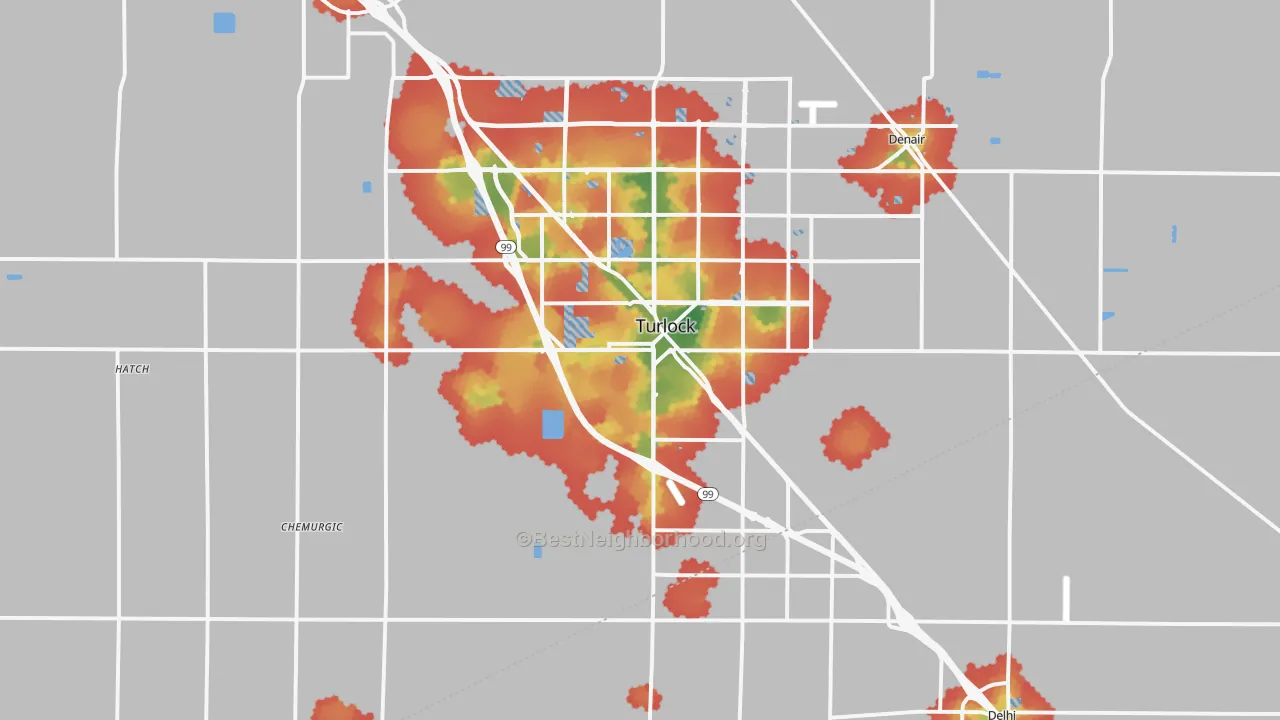 Walk Grade map of 95380, CA, walkable areas in green and car-dependent areas in red
