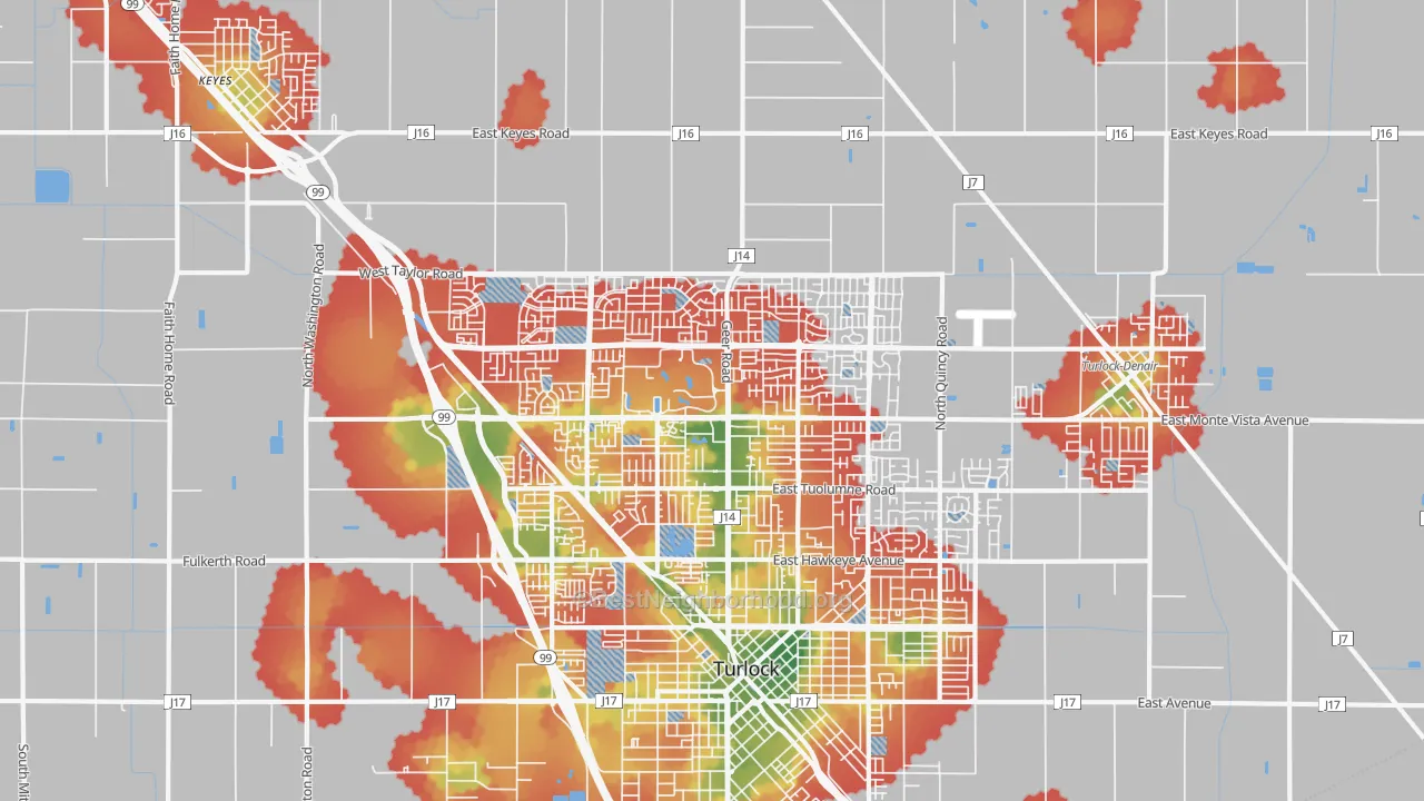 Walk Grade map of 95382, CA, walkable areas in green and car-dependent areas in red