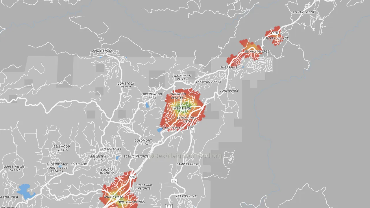 Walk Grade map of 95383, CA, walkable areas in green and car-dependent areas in red