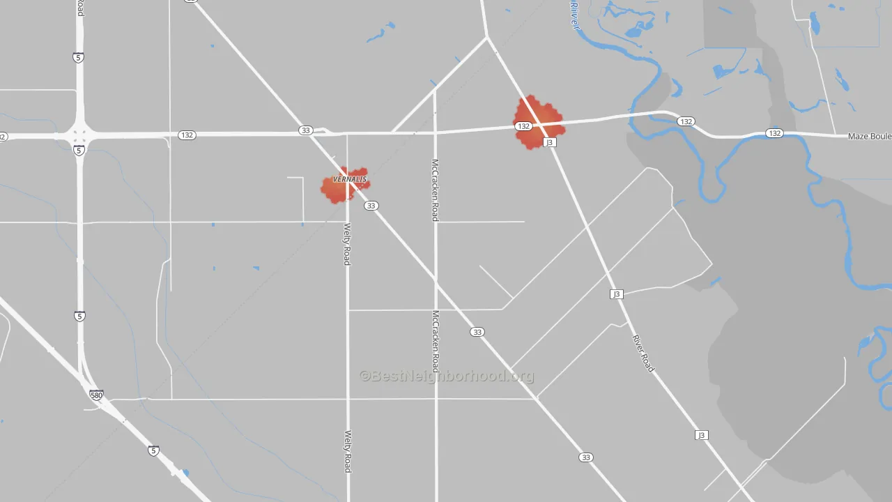 Walk Grade map of 95385, CA, walkable areas in green and car-dependent areas in red