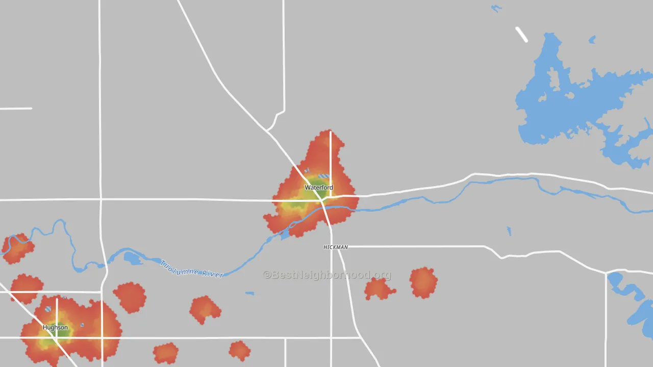 Walk Grade map of 95386, CA, walkable areas in green and car-dependent areas in red