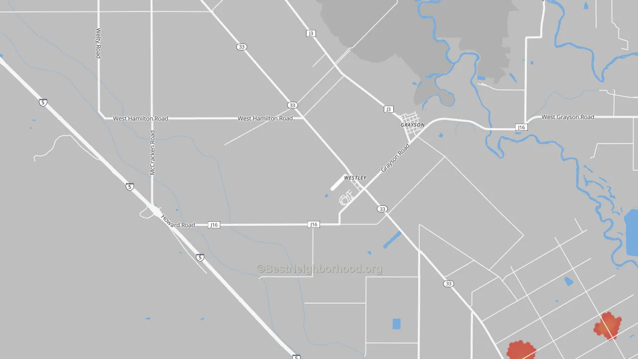 Walk Grade map of 95387, CA, walkable areas in green and car-dependent areas in red
