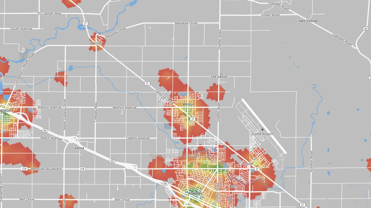 Walk Grade map of 95388, CA, walkable areas in green and car-dependent areas in red