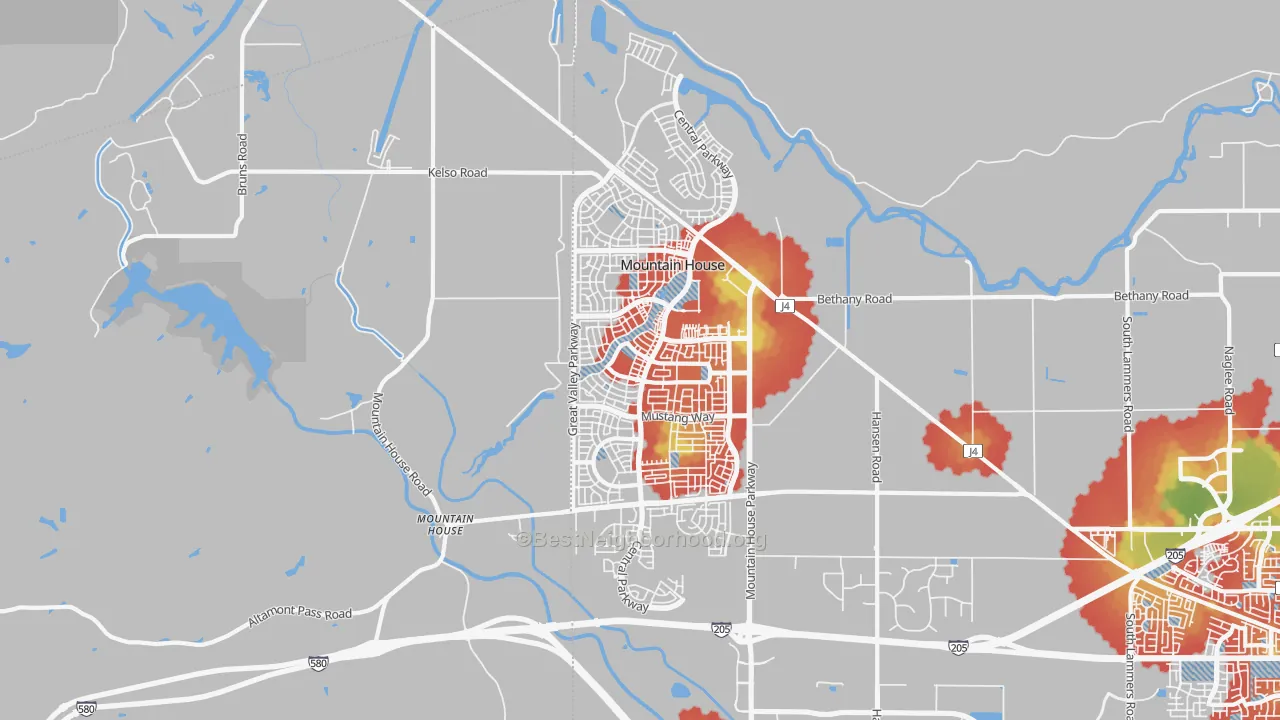 Walk Grade map of 95391, CA, walkable areas in green and car-dependent areas in red