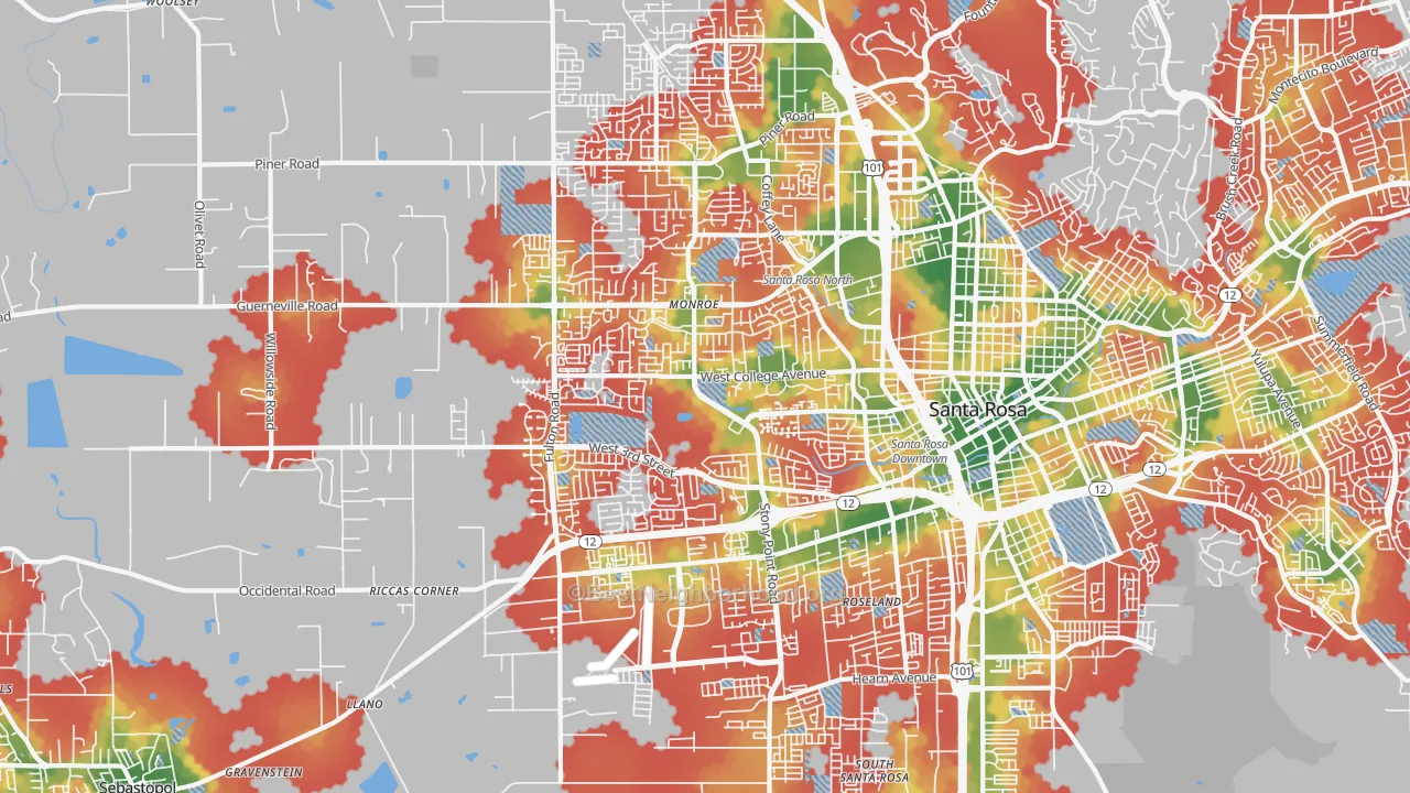 Walk Grade map of 95401, CA, walkable areas in green and car-dependent areas in red