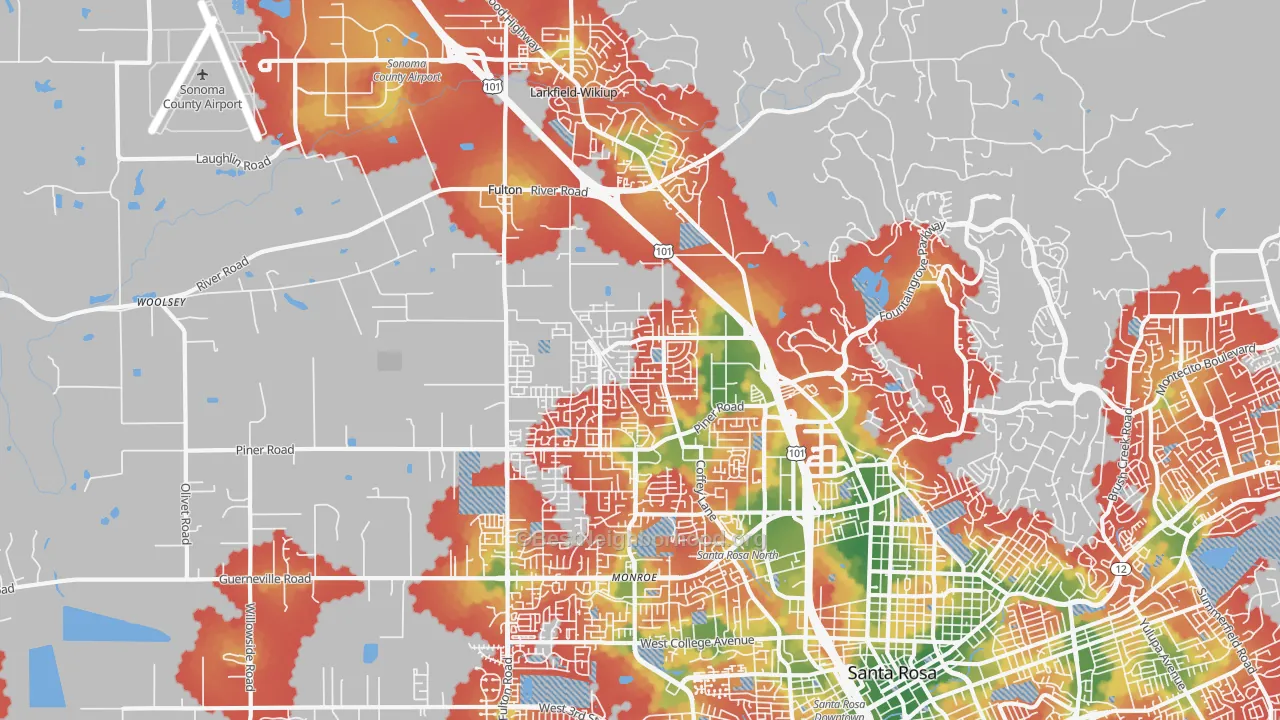 Walk Grade map of 95403, CA, walkable areas in green and car-dependent areas in red