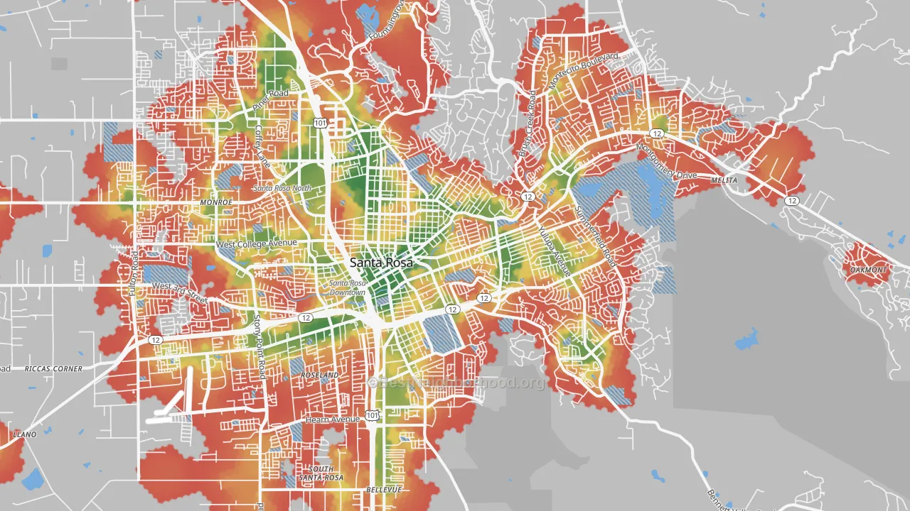 Walk Grade map of 95404, CA, walkable areas in green and car-dependent areas in red