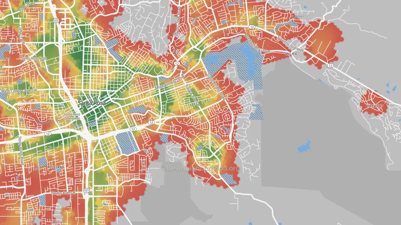 Walk Grade map of 95405, CA, walkable areas in green and car-dependent areas in red