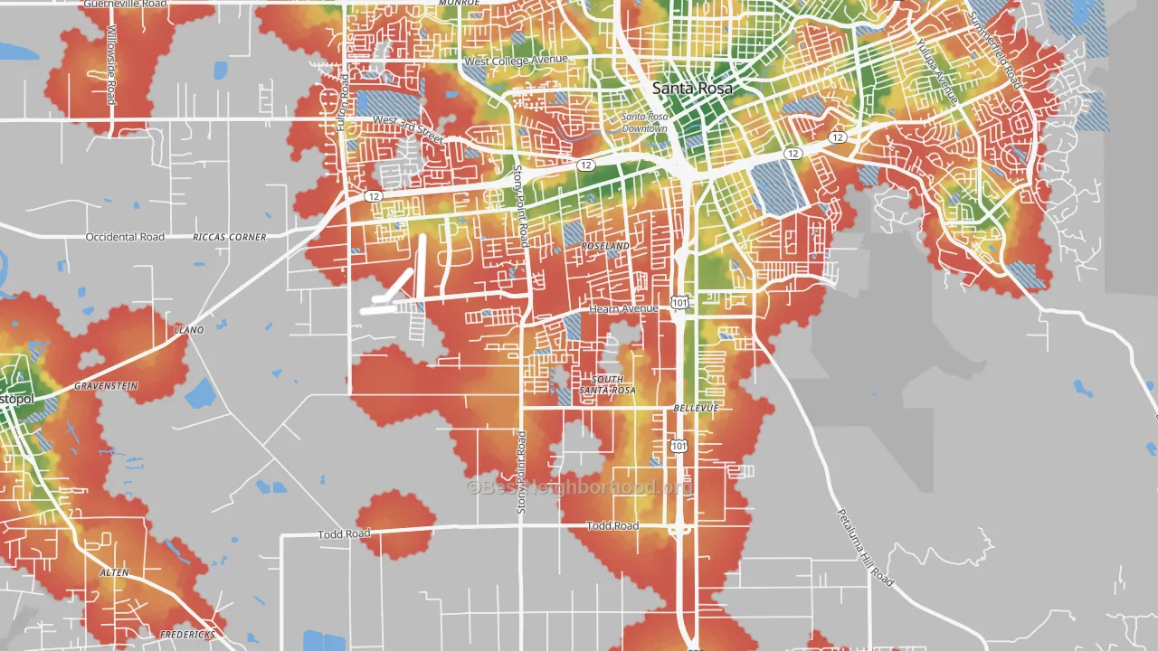 Walk Grade map of 95407, CA, walkable areas in green and car-dependent areas in red