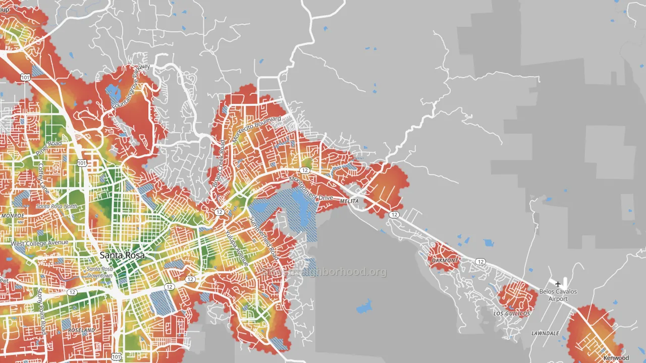 Walk Grade map of 95409, CA, walkable areas in green and car-dependent areas in red