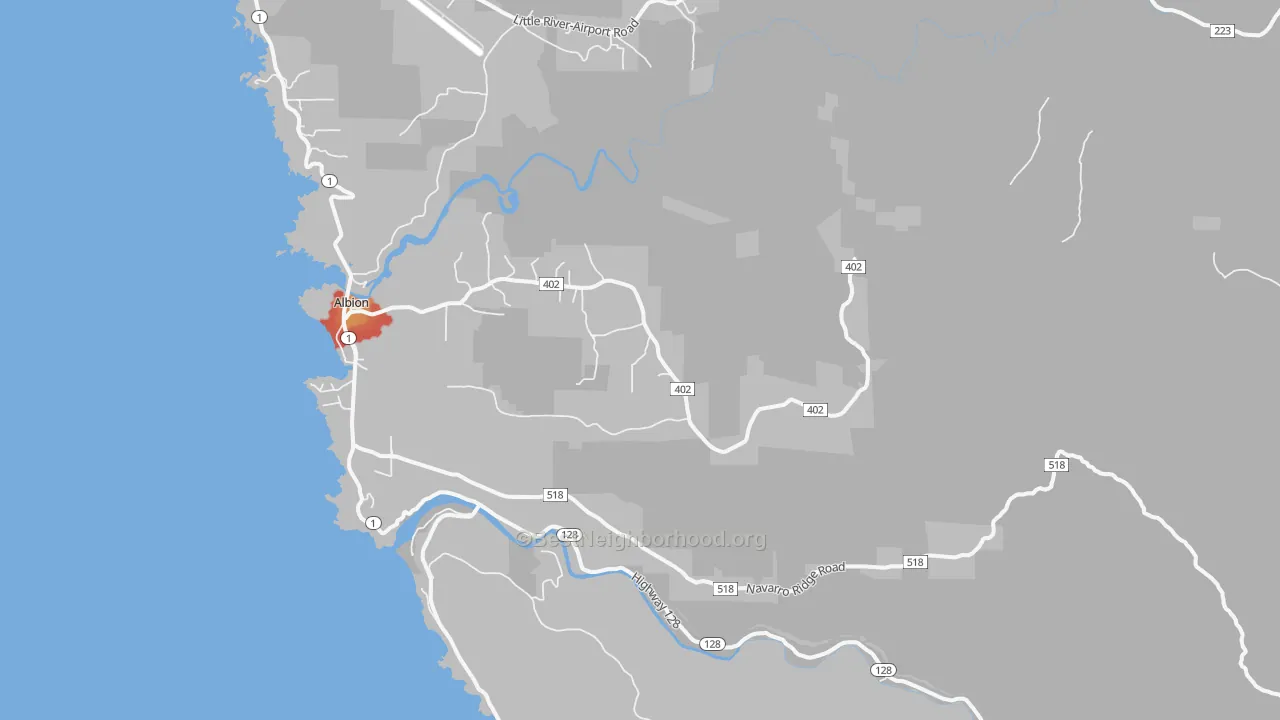 Walk Grade map of 95410, CA, walkable areas in green and car-dependent areas in red