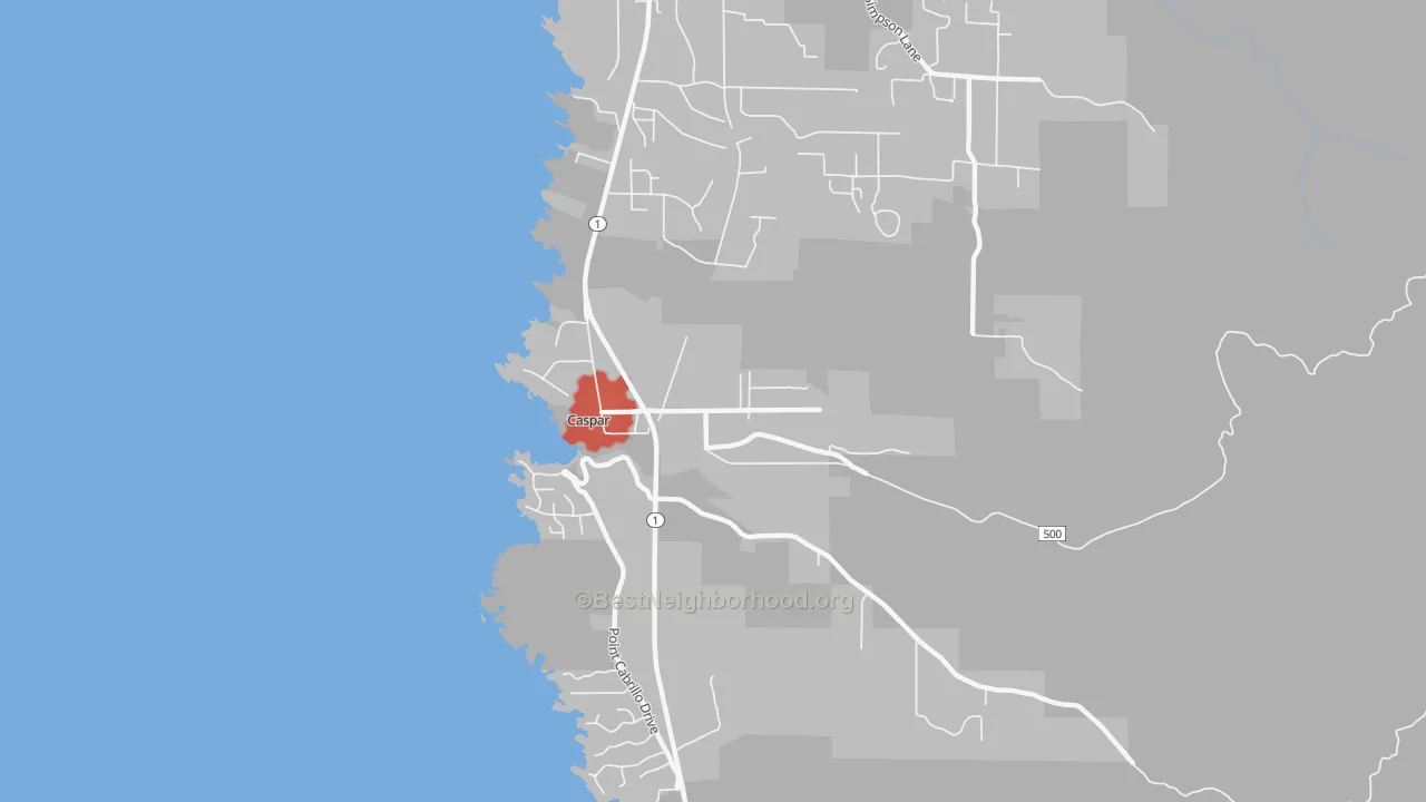 Walk Grade map of 95420, CA, walkable areas in green and car-dependent areas in red