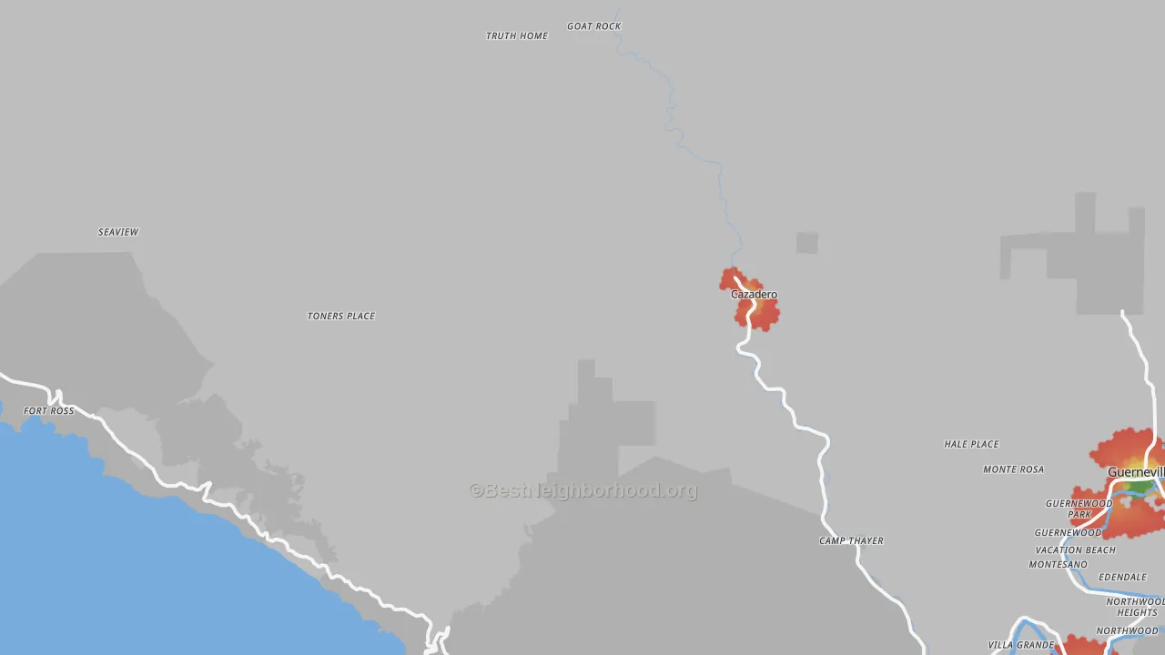 Walk Grade map of 95421, CA, walkable areas in green and car-dependent areas in red