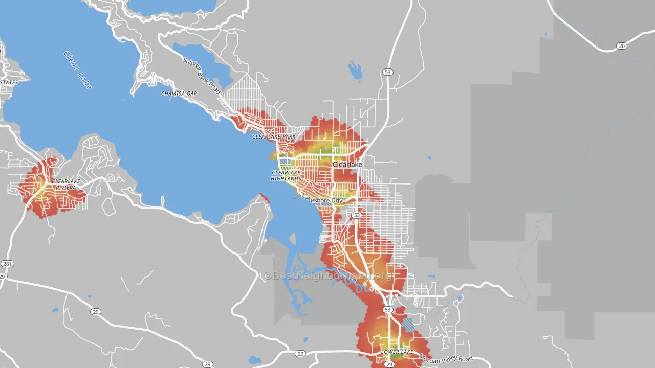 Walk Grade map of 95422, CA, walkable areas in green and car-dependent areas in red