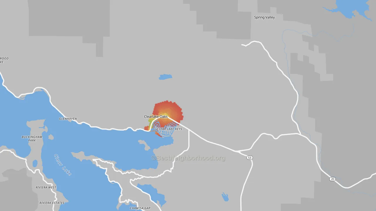 Walk Grade map of 95423, CA, walkable areas in green and car-dependent areas in red