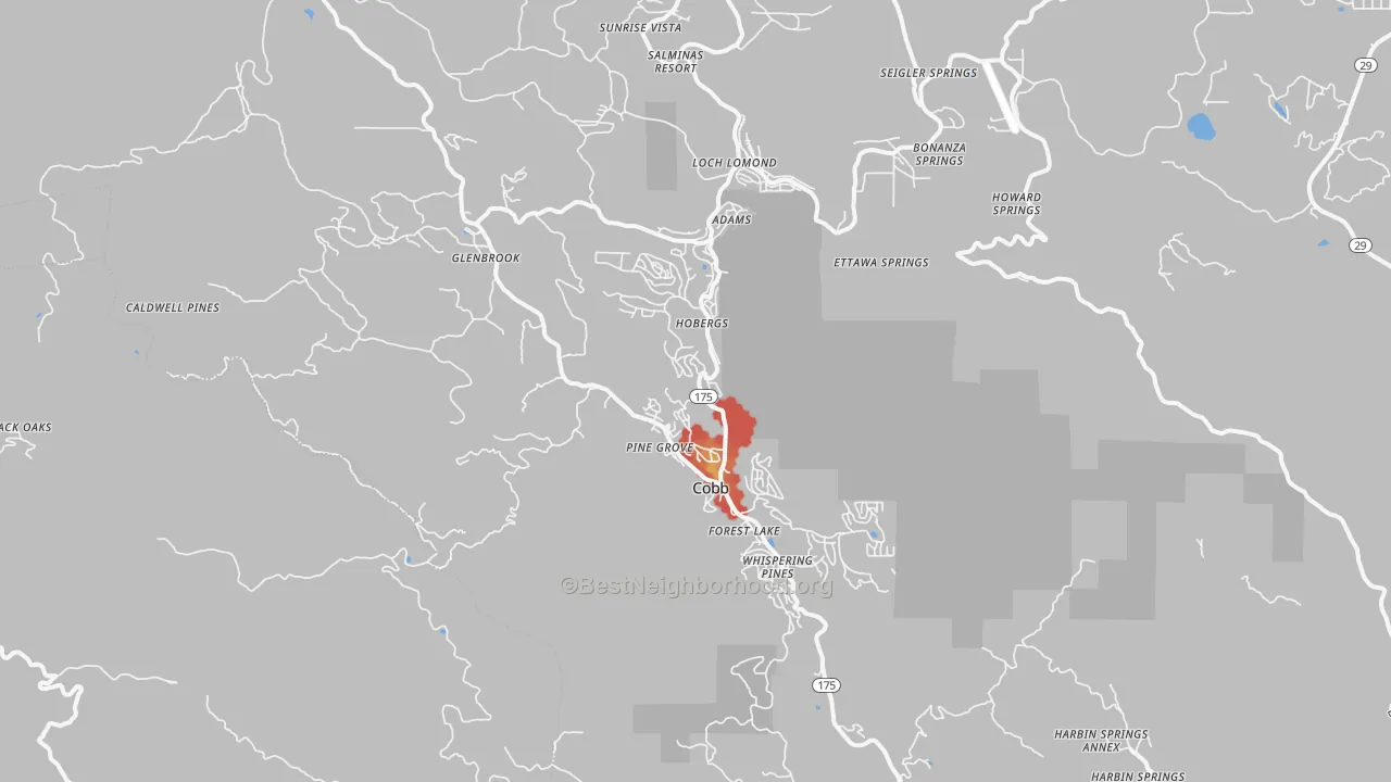 Walk Grade map of 95426, CA, walkable areas in green and car-dependent areas in red