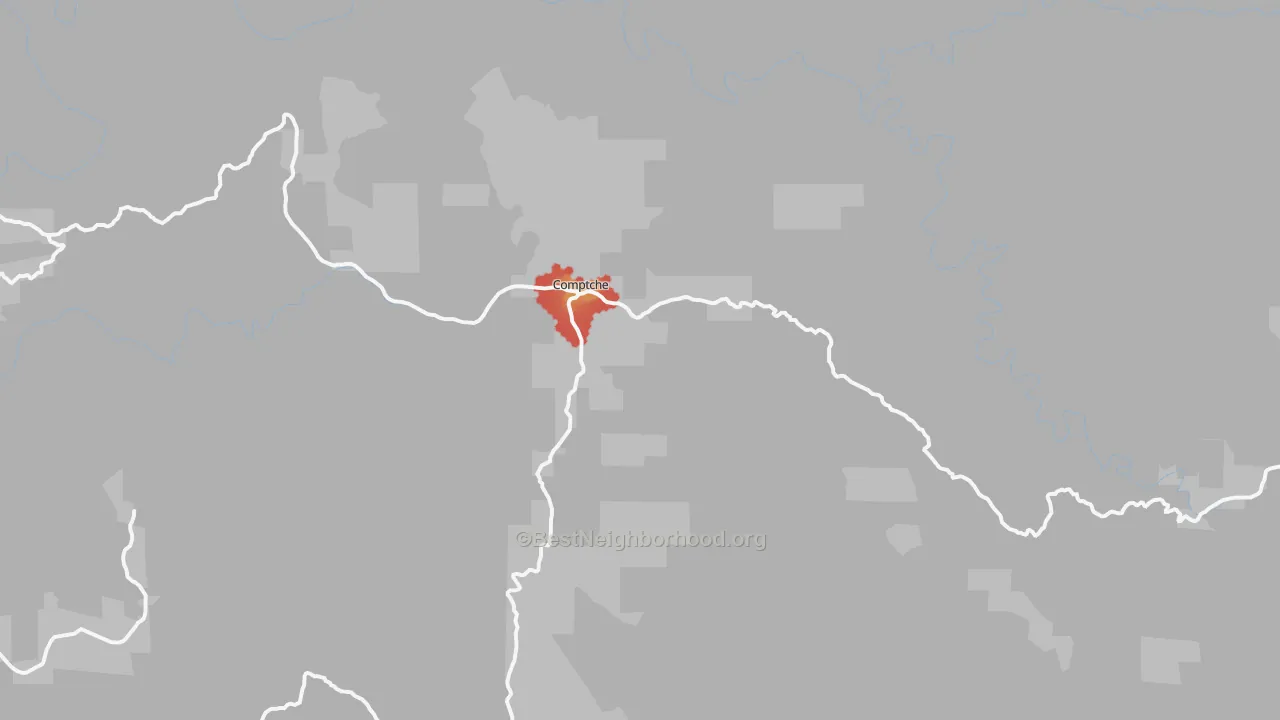 Walk Grade map of 95427, CA, walkable areas in green and car-dependent areas in red