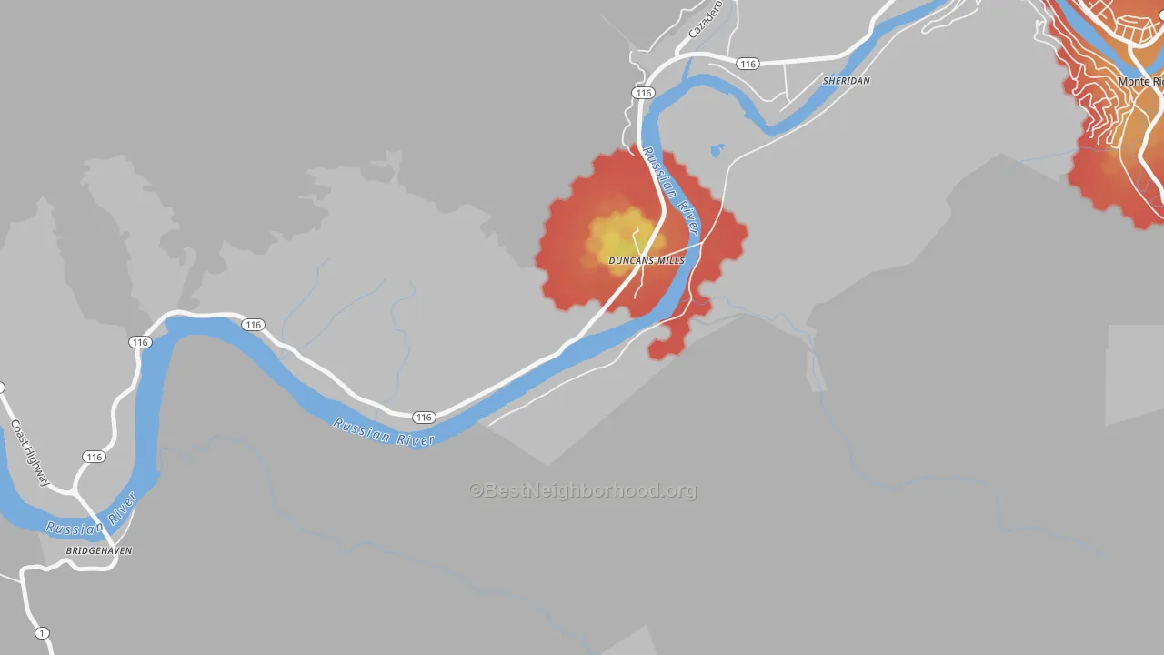 Walk Grade map of 95430, CA, walkable areas in green and car-dependent areas in red
