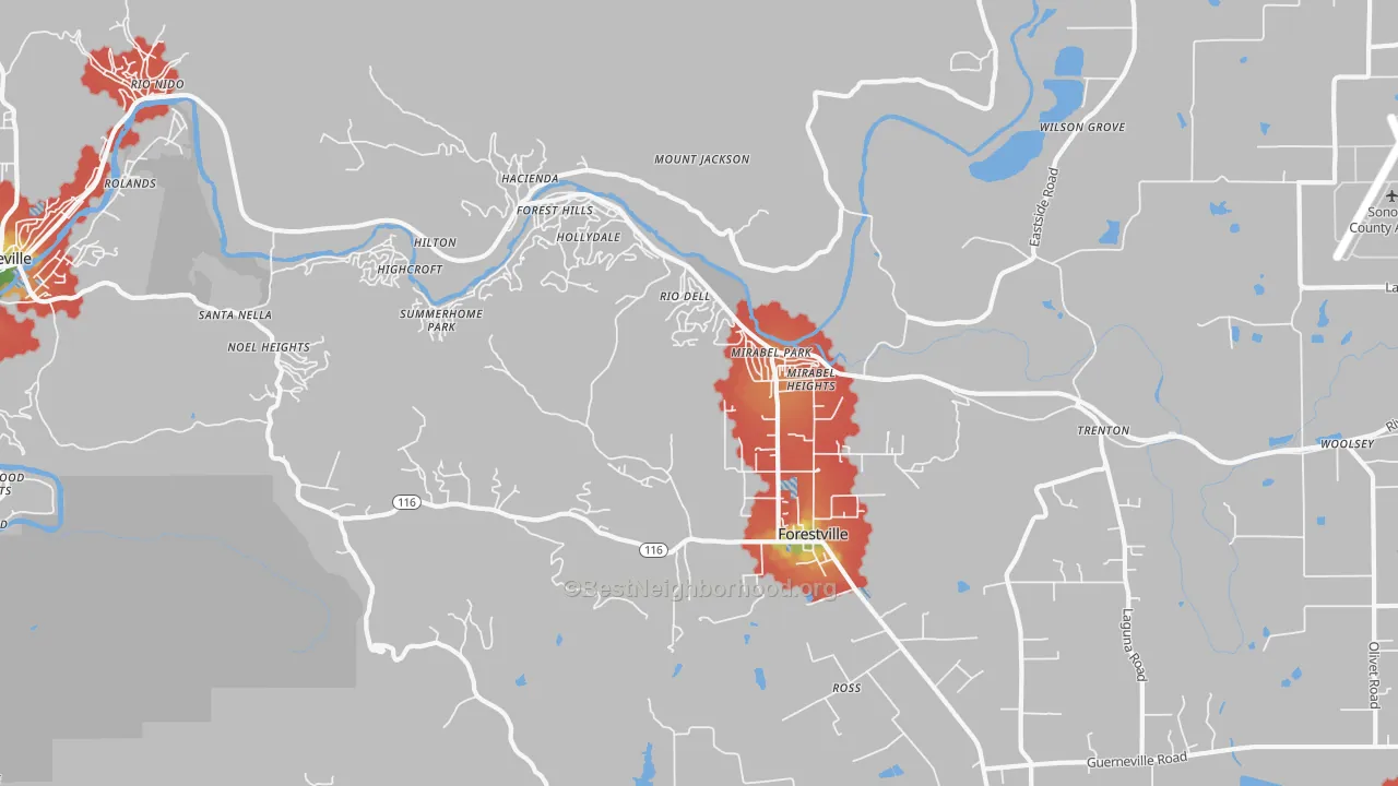Walk Grade map of 95436, CA, walkable areas in green and car-dependent areas in red