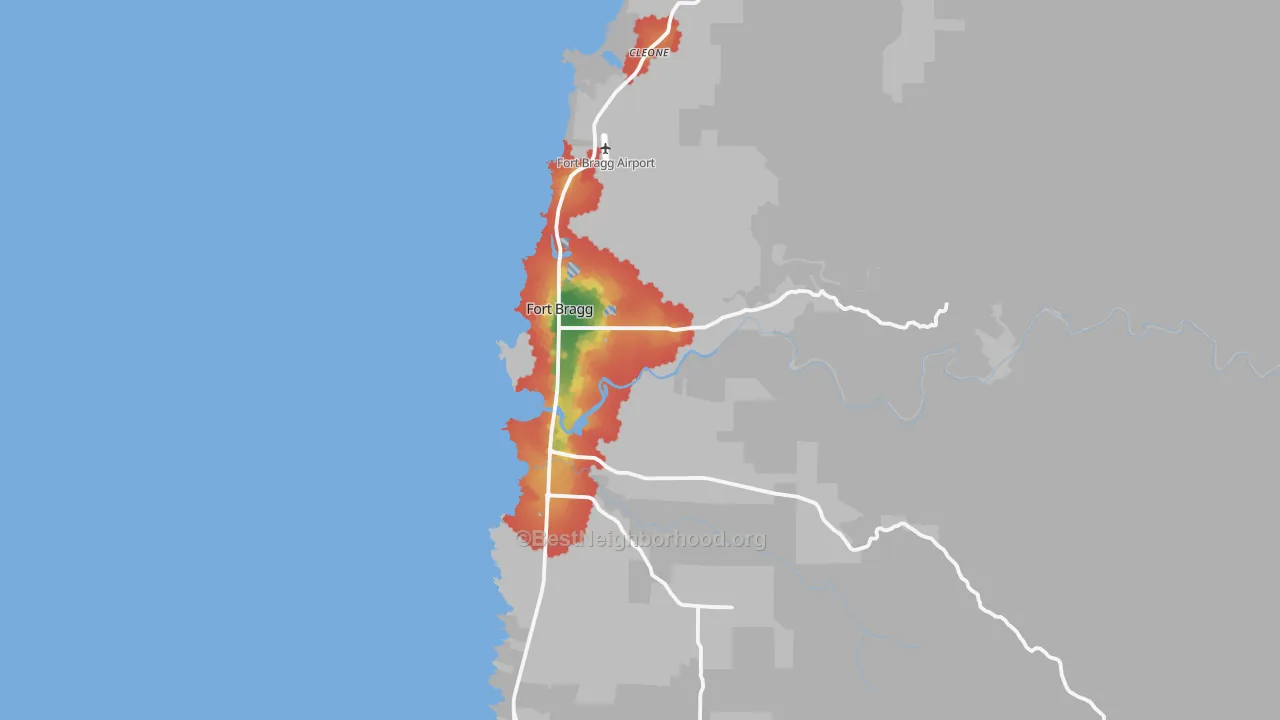 Walk Grade map of 95437, CA, walkable areas in green and car-dependent areas in red