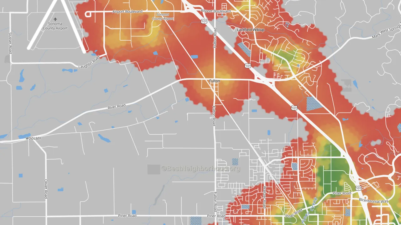 Walk Grade map of 95439, CA, walkable areas in green and car-dependent areas in red