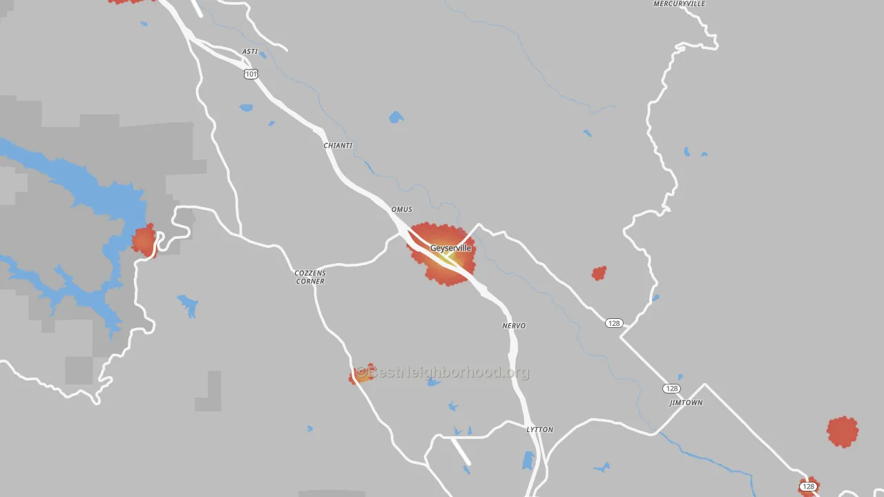Walk Grade map of 95441, CA, walkable areas in green and car-dependent areas in red