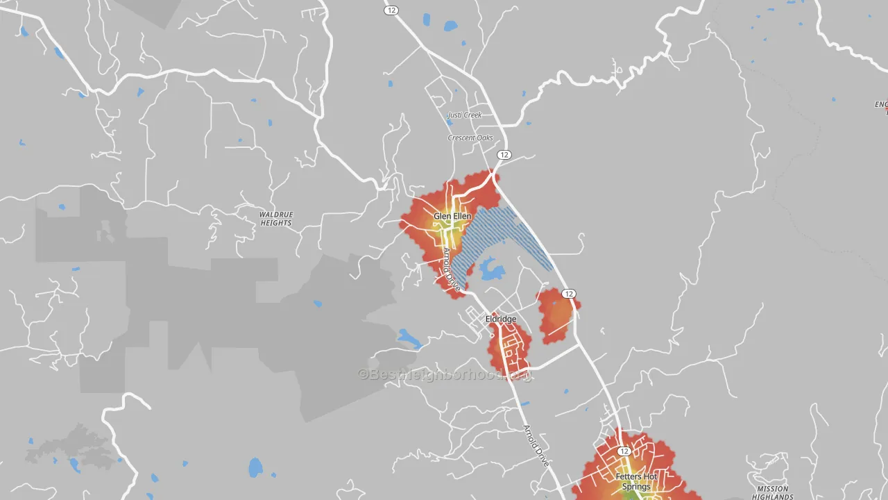 Walk Grade map of 95442, CA, walkable areas in green and car-dependent areas in red