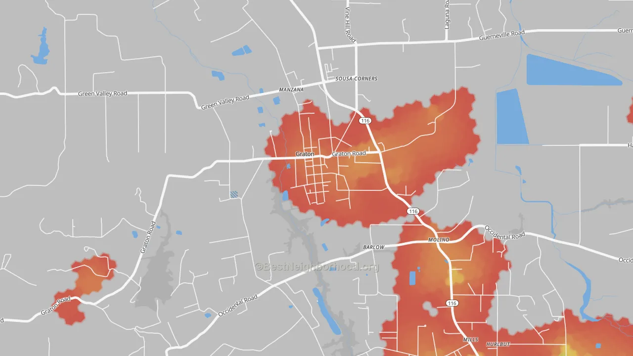 Walk Grade map of 95444, CA, walkable areas in green and car-dependent areas in red