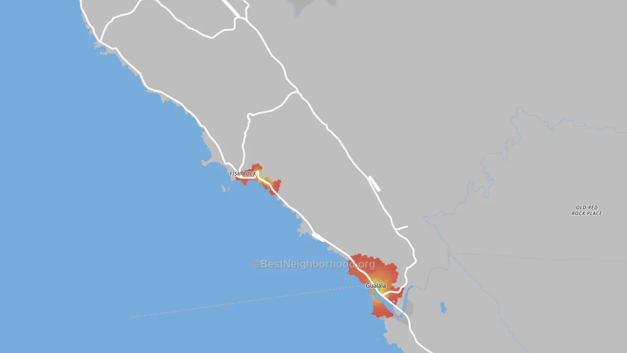Walk Grade map of 95445, CA, walkable areas in green and car-dependent areas in red