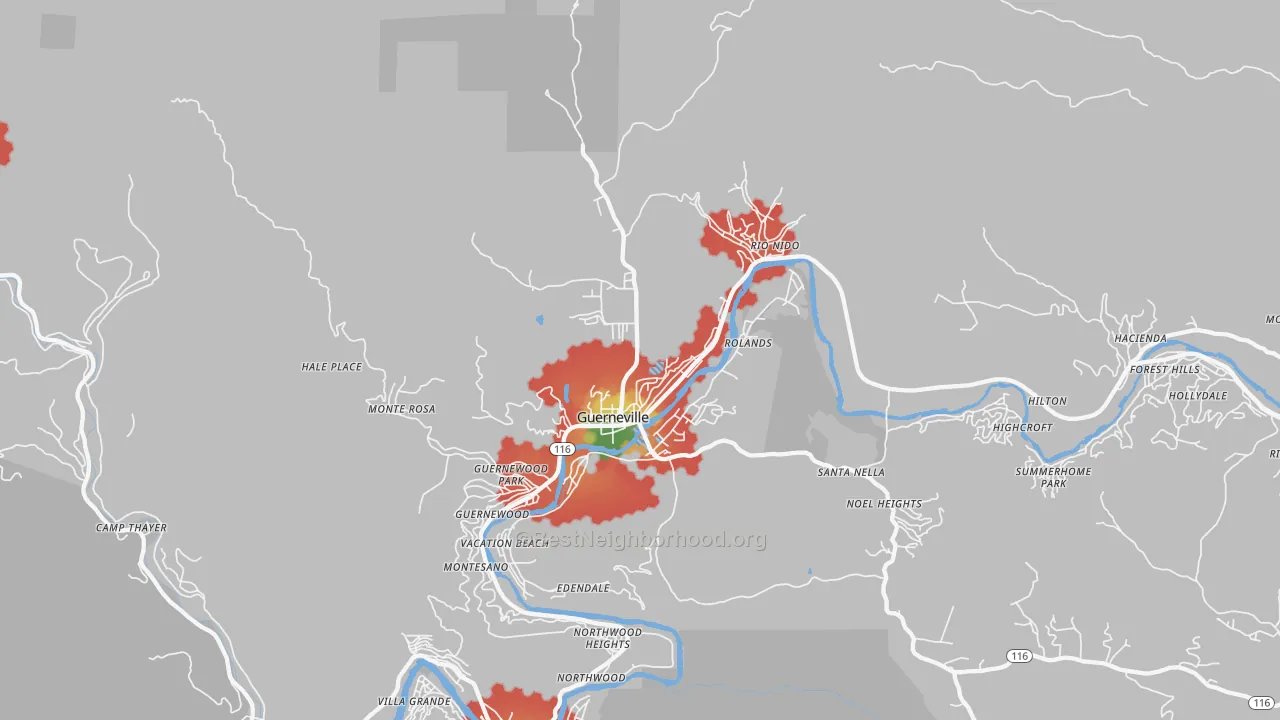 Walk Grade map of 95446, CA, walkable areas in green and car-dependent areas in red