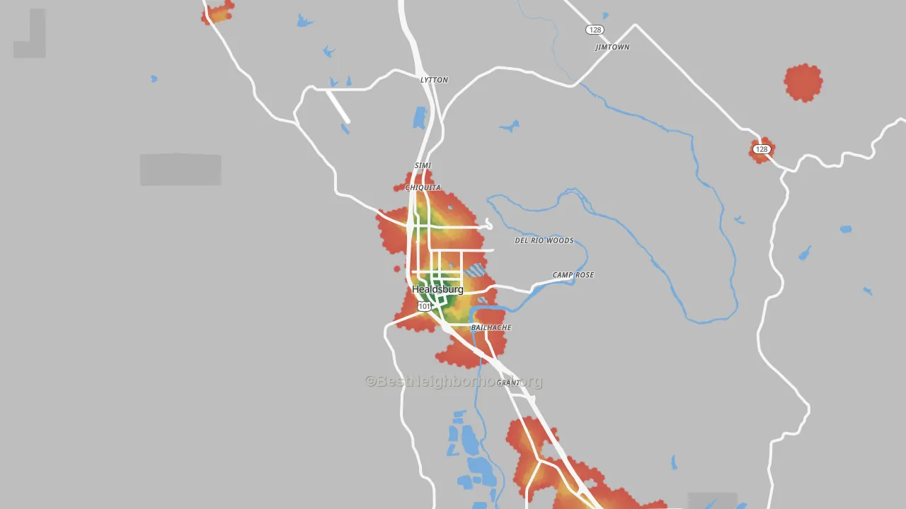 Walk Grade map of 95448, CA, walkable areas in green and car-dependent areas in red