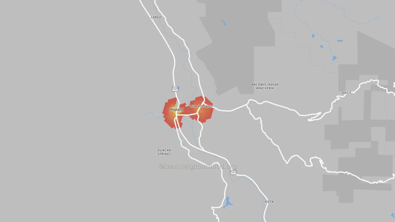Walk Grade map of 95449, CA, walkable areas in green and car-dependent areas in red