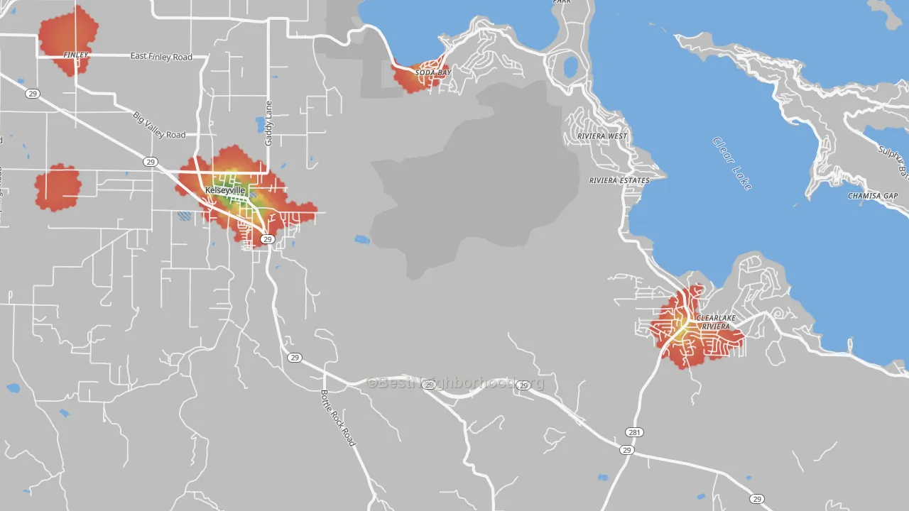 Walk Grade map of 95451, CA, walkable areas in green and car-dependent areas in red