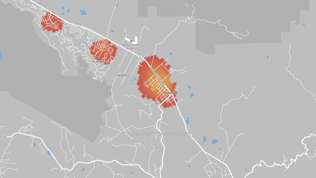 Walk Grade map of 95452, CA, walkable areas in green and car-dependent areas in red