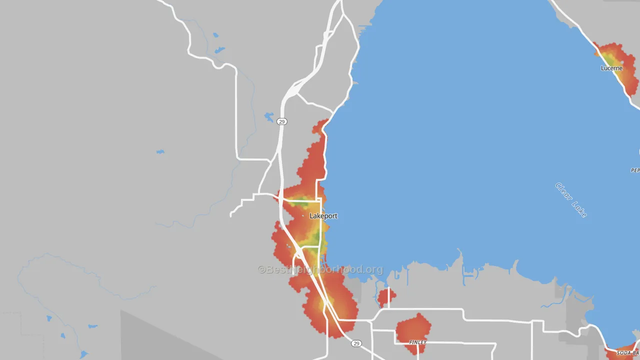 Walk Grade map of 95453, CA, walkable areas in green and car-dependent areas in red