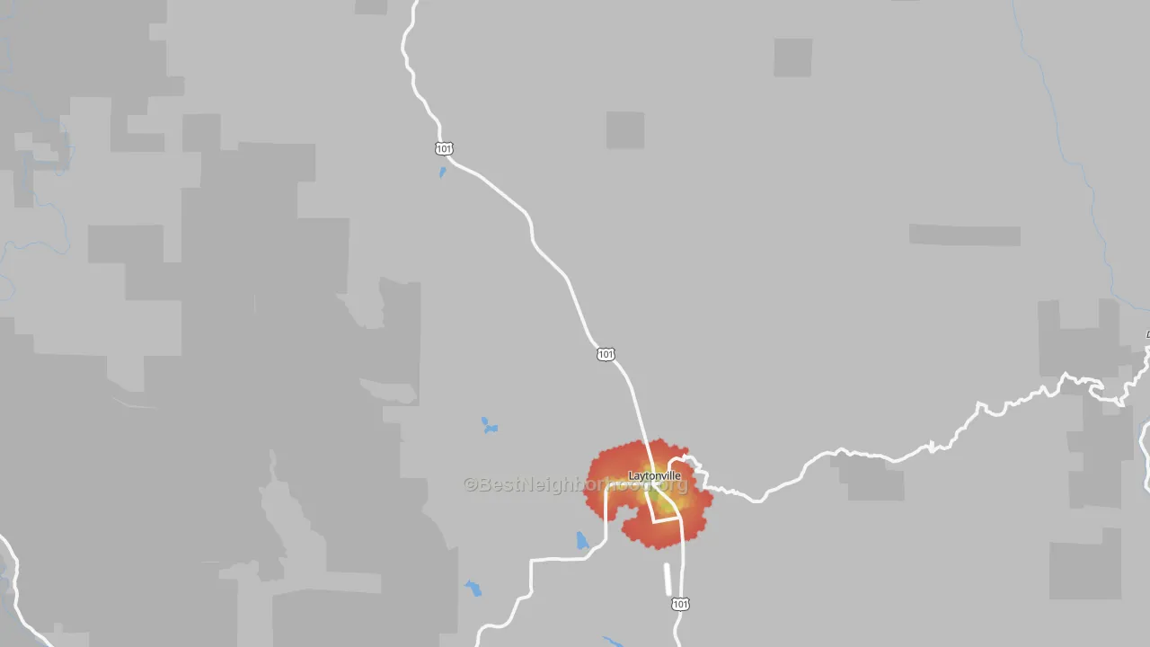 Walk Grade map of 95454, CA, walkable areas in green and car-dependent areas in red