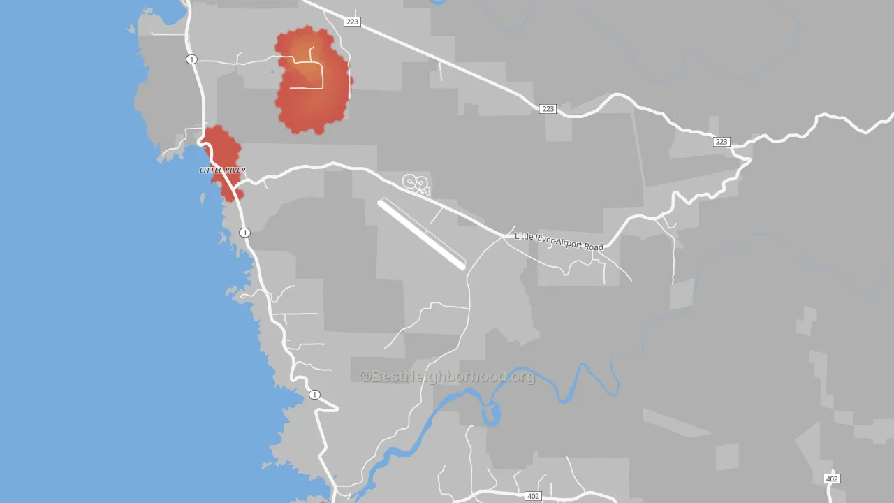 Walk Grade map of 95456, CA, walkable areas in green and car-dependent areas in red