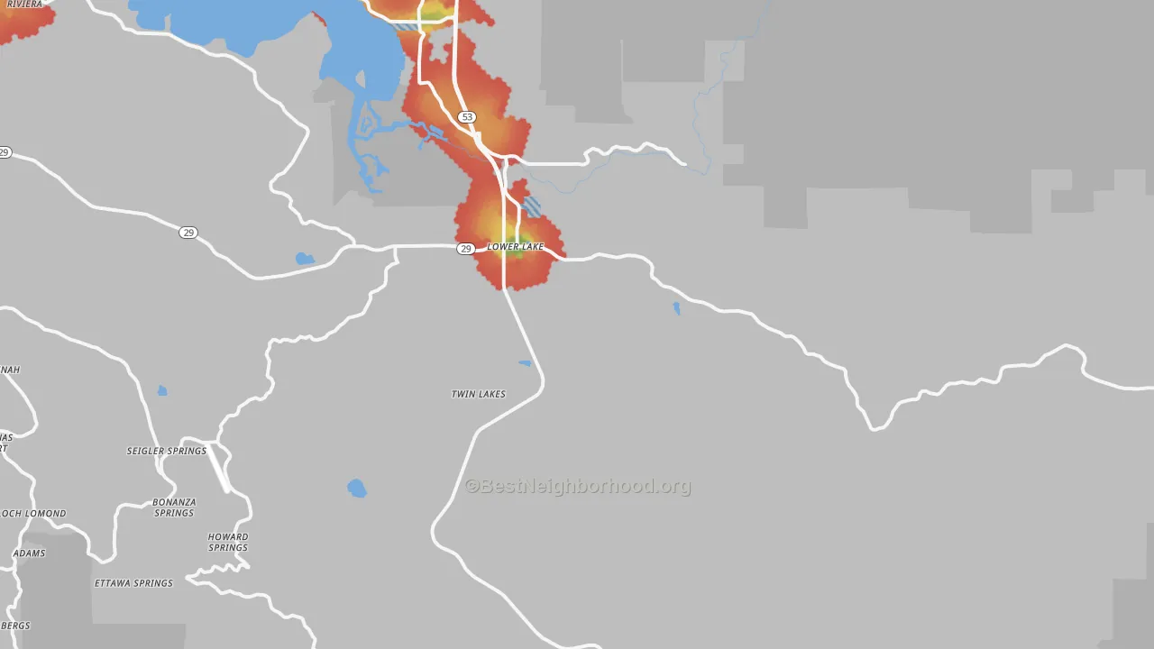 Walk Grade map of 95457, CA, walkable areas in green and car-dependent areas in red