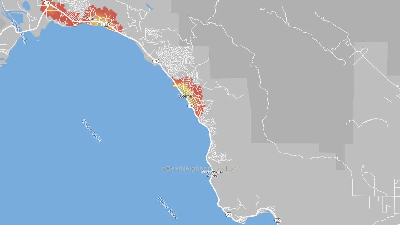 Walk Grade map of 95458, CA, walkable areas in green and car-dependent areas in red