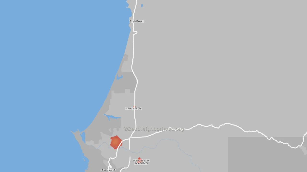 Walk Grade map of 95459, CA, walkable areas in green and car-dependent areas in red
