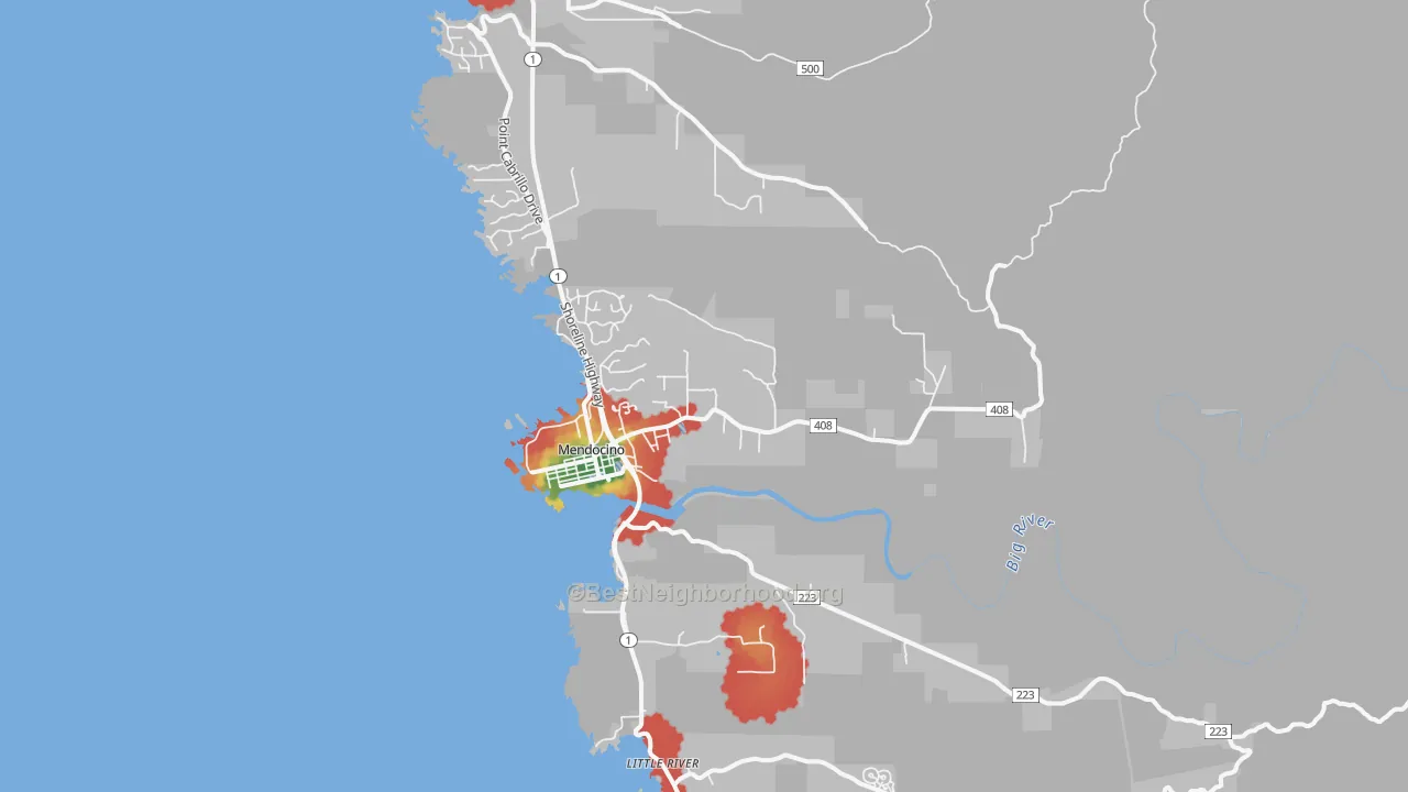 Walk Grade map of 95460, CA, walkable areas in green and car-dependent areas in red